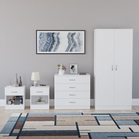 Riano 4 Piece Bedroom Set (1 Drawer Bedside Chest, 4 Drawer Chest, 2 Door Wardrobe) White (1/5)
