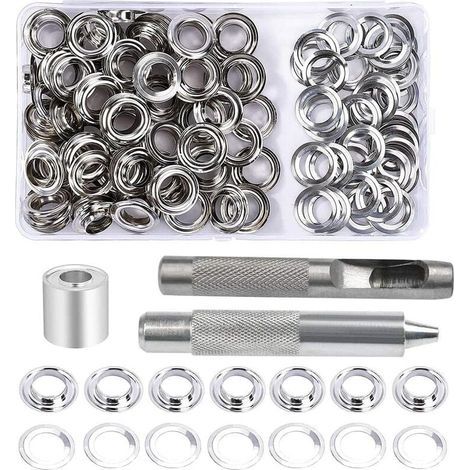Kit de ojales, 100 juegos de ojales de 12 mm, kit de reparación de lonas, con 3 herramientas para ojales para lonas, telas, cortinas y manualidades. (1/5)