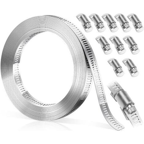 Collier de serrage en acier inoxydable réglable, 3 m, pour tuyaux, installations gaz, véhicules et équipements de jardin – kit complet avec 10 éléments de fixation, couleur argent (1/5)