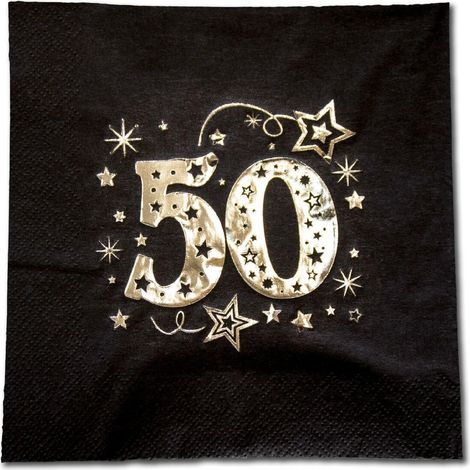 Tovaglioli per il 50° compleanno, neri e oro, 33x33 cm, 20 pezzi.