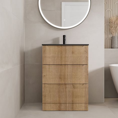 600mm Bathroom Cloakroom Vanity Unit Black Basin Floorstanding 1 Tap Hole Soft Close, Oak Wood (1/5)