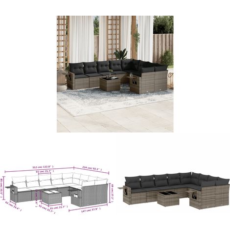 Salon de jardin avec coussins 10 pcs gris résine tressée - Ensemble Salon De Jardin - Meuble Extérieur - Résine Tressée - Rotin Synthétique - Mobilier De Jardin - Home & Living (1/3)