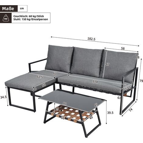 Ensemble de mobilier de jardin salon d'angle gris - Canapé, table basse et repose-pieds structure tubes acier galvanisé plateau en verre idéal pour jardins piscines et espaces extérieurs (1/5)