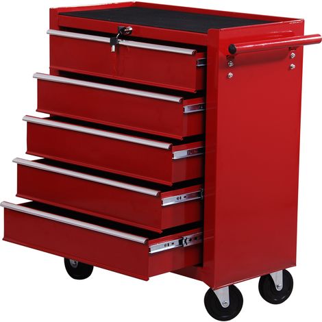Chariot porte-outils avec 5 tiroirs, serrure, 2 clés et poignée murale amovible, 2 roues avec frein en tôle d'acier EVA rouge 67,5x33x77 cm (1/5)
