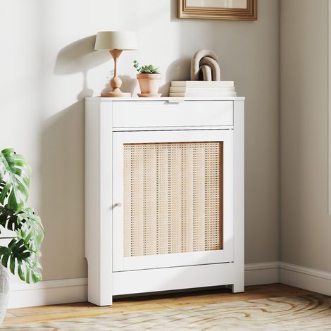 Copriradiatore con sportello incernierato e scomparto in rattan, design bohémien per soggiorno e camera da letto, bianco. (1/5)