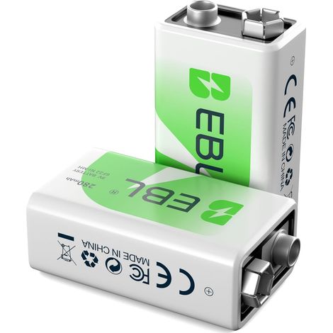 Lot de 2 Piles 9V 6F22 Rechargeables, 9V Piles Ni-MH 280mAh, pour Multimesureurs, Détecteur de Fumé, Microphone sans Fil, Guitare, etc. (1/5)
