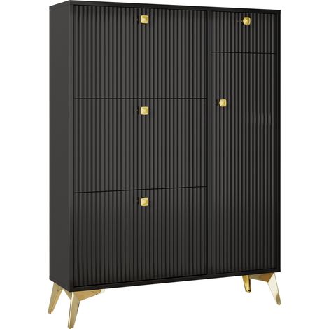 Zapatero estrecho negro con 3 puertas abatibles, 1 cajón y 1 puerta, 90 x 25 x 121 cm (1/5)