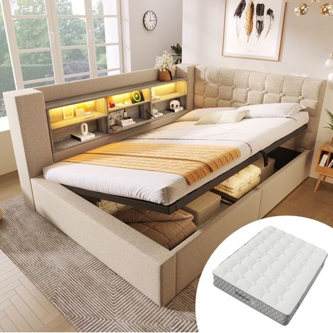 cama matrimonio con almacenaje LED y somier 140x200 OKMYHOME (1/5)