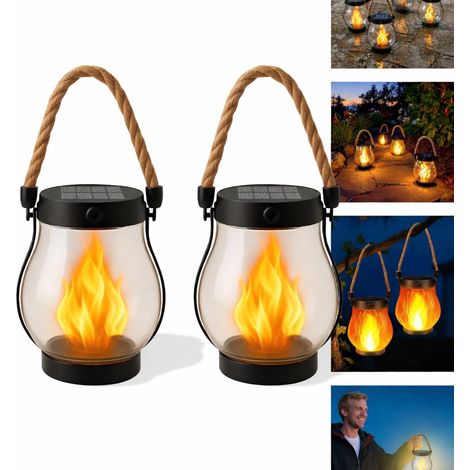 Lanternes solaires - Lot de 2 lampes suspendues d'extérieur, torches à flamme dansante avec corde en chanvre pour jardin, terrasse et camping, noires-AquaForge