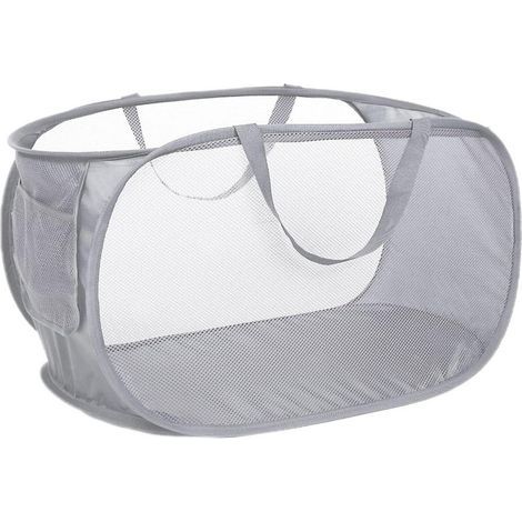 Panier à linge pop-up en maille robuste avec poche latérale et poignées de transport renforcées pour buanderie, salle de bain, chambre d'enfant, dortoir ou voyage, gris