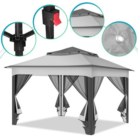 Randaco Faltpavillon Pop-up 3,3×3,3×2,68 m – Gartenpavillon mit Moskitonetz, UV-Schutz, doppelt belüftetem Dach, inkl. Tragetasche & Sandsäcke, Grau (1/5)