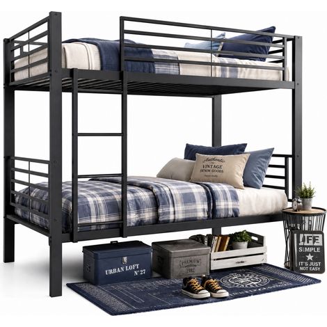 Letto a castello 90x200 cm in metallo nero convertibile in 2 letti singoli, scala reversibile (1/5)