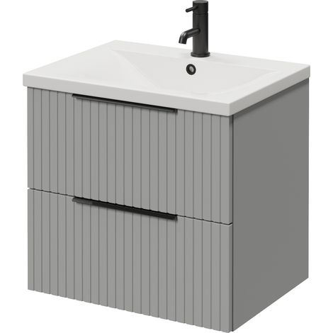 Helix 460 Fluted Pebble Grey 600mm Wall Mounted 2 Drawer Vanity Unit with Glide Basin
