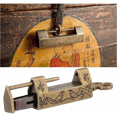 Serrure chinoise et clé fleur oiseau cadenas Vintage sculpté Antique Latch Lock serrure décorative avec clé (1/5)