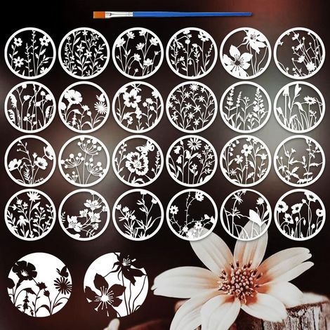 24PCS Pochoirs Fleurs Sauvages 20cm de Diamètre avec un Pinceau Pochoirs Ronds Fleurs pour Peinture Modèles Thème Nature Réutilisables Pochoir Floral pour Bois Mur Décor Maison DIY (1/5)