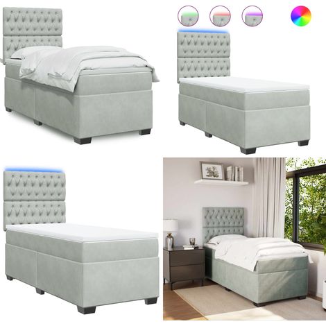 Boxspringbett mit Matratze Hellgrau 80x200 cm Samt - Boxspringbett - Samtbett - LED Beleuchtung - Höhenverstellbares Kopfteil - Matratzenauflage - Home & Living