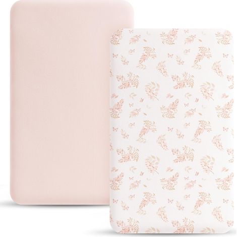 Cododo Fitted Sheet 50 x 90 cm Set of 2 Microfibre Breathable Elastic Baby Sheets, Suitable for Baby Beds, Travel Beds and Strollers (Pink Flowers, 90 x 50 cm) (1/5)