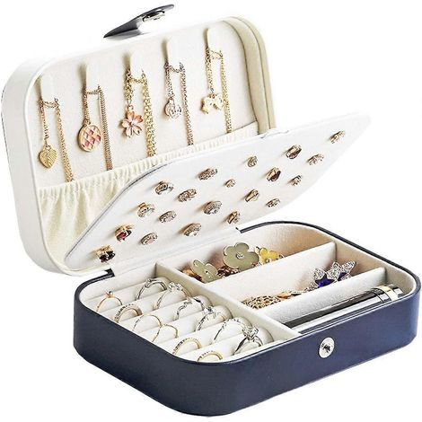 Boîte à bijoux de voyage pour femmes, enfants et filles, idéale pour ranger bagues, boucles d'oreilles, colliers et bracelets. Dimensions : 16,5 x 11,5 x 5,5 cm (bleu foncé). (1/5)