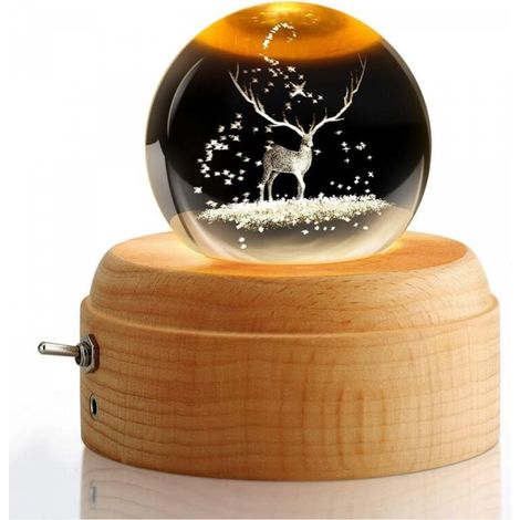 Boîte à musique rotative en bois, boule de cristal 3D, avec fonction de projection de lumière chaude, boule de cristal rotative, cadeau d'anniversaire, cadeau de Noël (élan) (1/5)