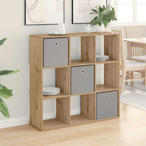Buffet de rangement en bois d’ingénierie chêne artisanal, 3 tiroirs, 6 étagères, 102 x 31 x 99,5 cm - PANGIVO (1/5)