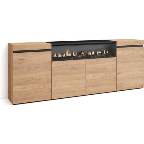 Skraut Home Credenza, Mobile, Cucina Madia, mobile ingresso 200x75x35cm 4 Porte Camino elettrico Stile moderno Rovere e nero (1/5)