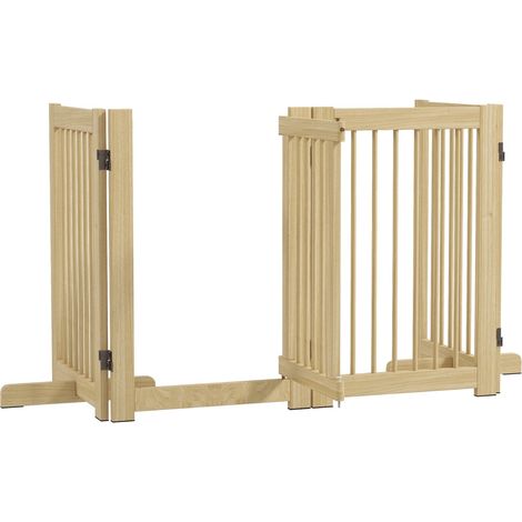 Absperrgitter Hund 4-teilig, 204 x 75 cm Faltbar Türschutzgitter mit Tür, Freistehend Hundegitter mit 2 Stützfüßen, Treppengitter aus Holz für Flur, Küche, Treppe, Natur