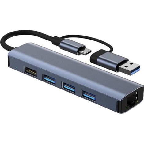 Hub USB BYL-2208 5 en 2 USB 3.0+Tipo-C/RJ45 (Gigabit)+USB 3.0+2.0 Gris (1/2)