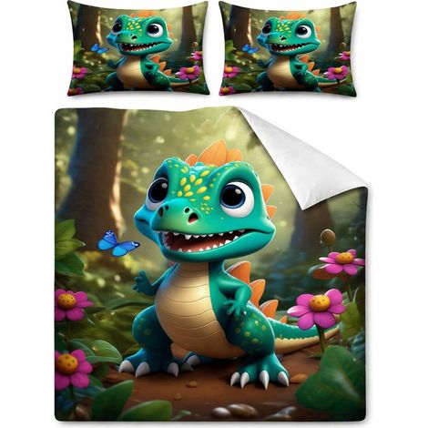 Parure de lit en microfibre avec motif dinosaure mignon pour enfant, housse de couette 135 x 200 cm et taie d'oreiller 80 x 80 cm, garçon multicolore (1/5)