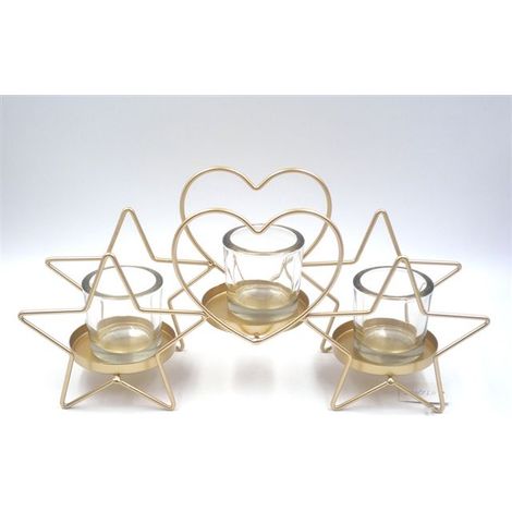 Candeliere Portacandele in Metallo Oro Forma Stella e Cuore 25 cm (1/2)