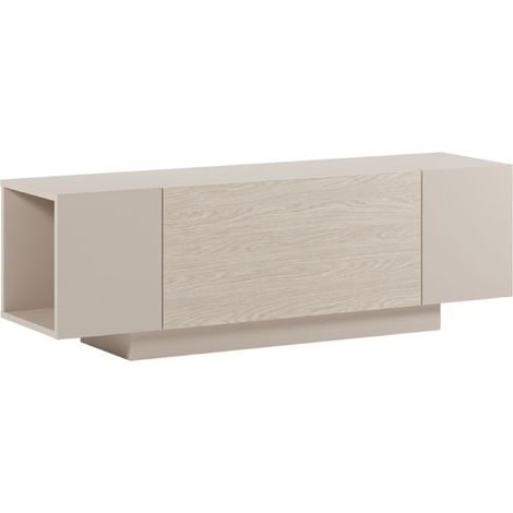 Meuble TV 1 porte abattante et 2 niches latérales aspect bois clair et beige - TRIVOR (1/5)
