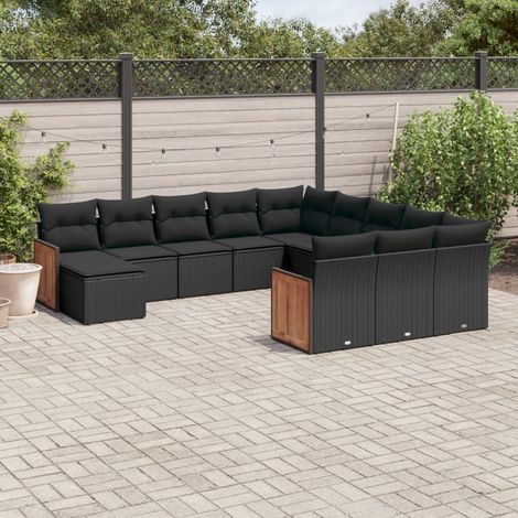 Salon de Jardin 12 Places en Résine Tressée Noire Modulable avec Coussins (1/5)