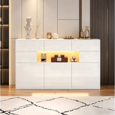 Buffet blanc 140x30x82 cm avec LED, 3 tiroirs et 5 placards, pour salon et salle à manger (1/5)