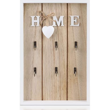 Boîte à clés en Bois, 30 20 2.8cm, Armoire à Clés Murale Décorative, Porte Clé Mural avec 6 Crochets pour Maison, Blanc, HOME Modèle (1/5)