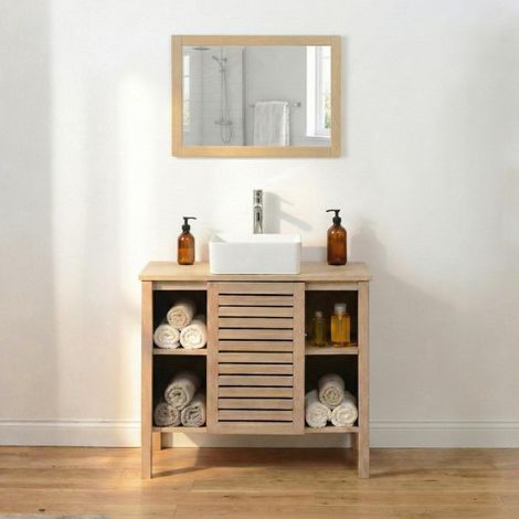 TALIX 90 cm Waschtischunterschrank aus Eiche Natur mit Einzelwaschbecken auf Beinen (1/5)
