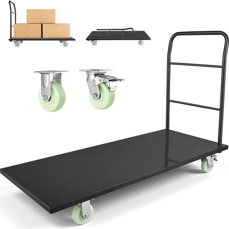 Chariot à plateforme industriel, capacité 907 kg, acier robuste, roues pivotantes et poignée, poussoir manuel pour transport de charges lourdes, dimensions 1525 x 700 x 1090 mm.