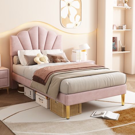 Lit enfant 90x200 cm tête coquillage réglable rembourré velours rose (Sans matelas) (1/5)