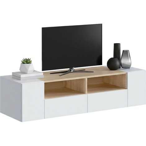 Mobile porta TV Ebe, Credenza per televisione da soggiorno, Supporto per TV moderno, Credenza bassa multiuso, 138x42h36 cm, Bianco e Rovere