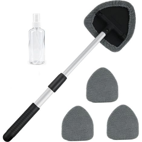 Brosse de Nettoyage de Pare-brise, 4 Tampons en Microfibre Réutilisables et lavables, Outil de Nettoyage de Pare-brise, Avec Kit D'essuie-glace Intérieur de Voiture à Poignée Extensible (Gris) (1/5)