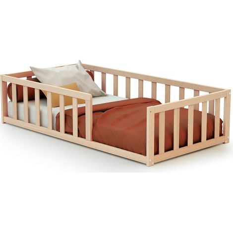 Lit enfant au sol en bois massif 70 x 140 cm – Barrières anti-chutes – Sommier à lattes pour ventilation – Conforme NF D 60 300-4 – AT4 (1/3)