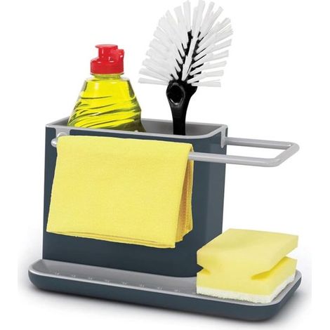 Organizador de fregadero con escurridor integrado, soporte para esponja, cepillo, lavavajillas y paño, extraíble, gris. (1/5)