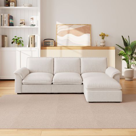 Canapé d’angle modulable 4 places 260 cm en chenille beige avec méridienne, ottomane libre, coussins moelleux, style cloud sofa salon (1/5)