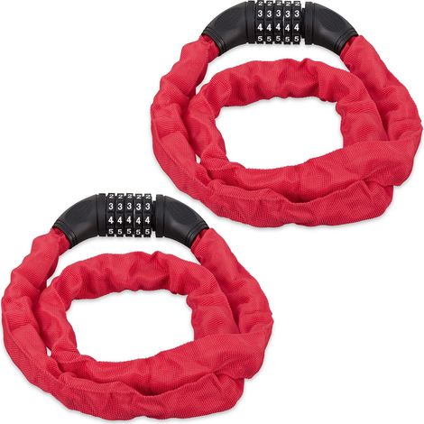 2x Lucchetto a Combinazione per Bicicletta, Catenaccio Sicurezza con Codice a 5 Cifre, in Acciaio, 120 cm, Rosso