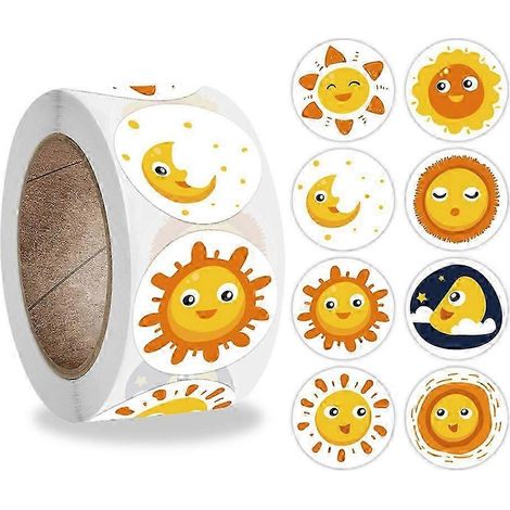 500 feuilles d'autocollants ronds à motifs (soleil, smiley, etc.). Convient pour les fêtes de récompenses pour enfants, les albums de scrapbooking, les sacs d'emballage cadeau, etc. (1/5)