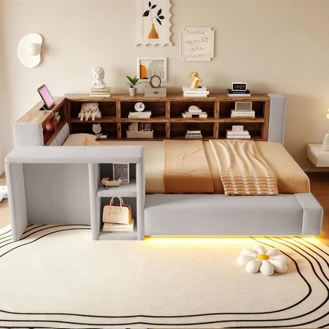 Lit capitonné 90 x 200 cm, avec revêtement capitonné, compartiments de rangement à plusieurs niveaux, éclairage LED, prises intégrées dans la tête de lit, table de chevet, dossier capitonné, gris clai (1/4)