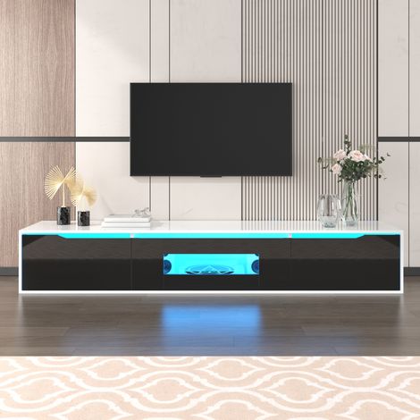 Vitrine et meuble TV modernes en finition laquée brillante noir et blanc, équipés d'un éclairage LED multicolore (façade laquée noire brillante) (1/5)