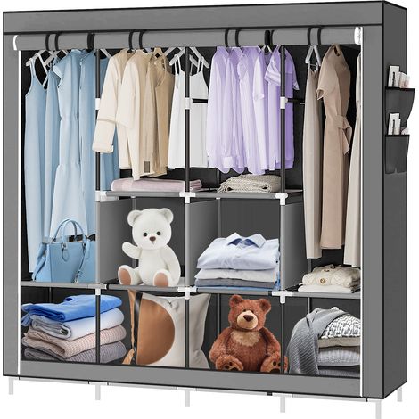 Armoire de Rangement Armoire en Tissu Intissé Penderie pour Vêtement Fermeture à Glissière 4 Barres pour Chambre Gris (1/5)