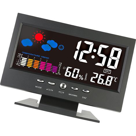 Multifunktionale elektronische Uhr mit Temperatur- und Feuchtigkeitsanzeige, Barometer, Farbbildschirm-Wetteruhr, geräuschaktivierter Uhr mit Hintergrundbeleuchtung, USB-Kabel, Batterie nicht enthalte (1/2)