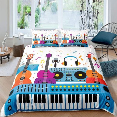 Parure de lit motif guitare, motif instrument de musique coloré pour enfants filles, housse de couette pour enfants, garçons, adolescents, style hip hop, musique, 135 x 200 cm (1/5)