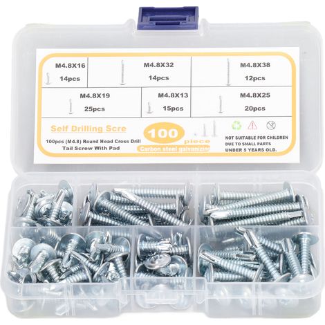 Vis M4.8 autoperceuses lot de 100 pièces, tête plate ronde, acier carbone, filetage profond, avec rondelle intégrée, visserie assortie (1/5)