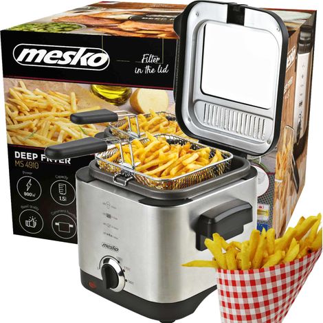 Mesko MS4910 Freidora Aceite Eléctrica 1,5 Litros Pequeña, Cubeta Antiadherente, Filtro Antiolor 900W Plata